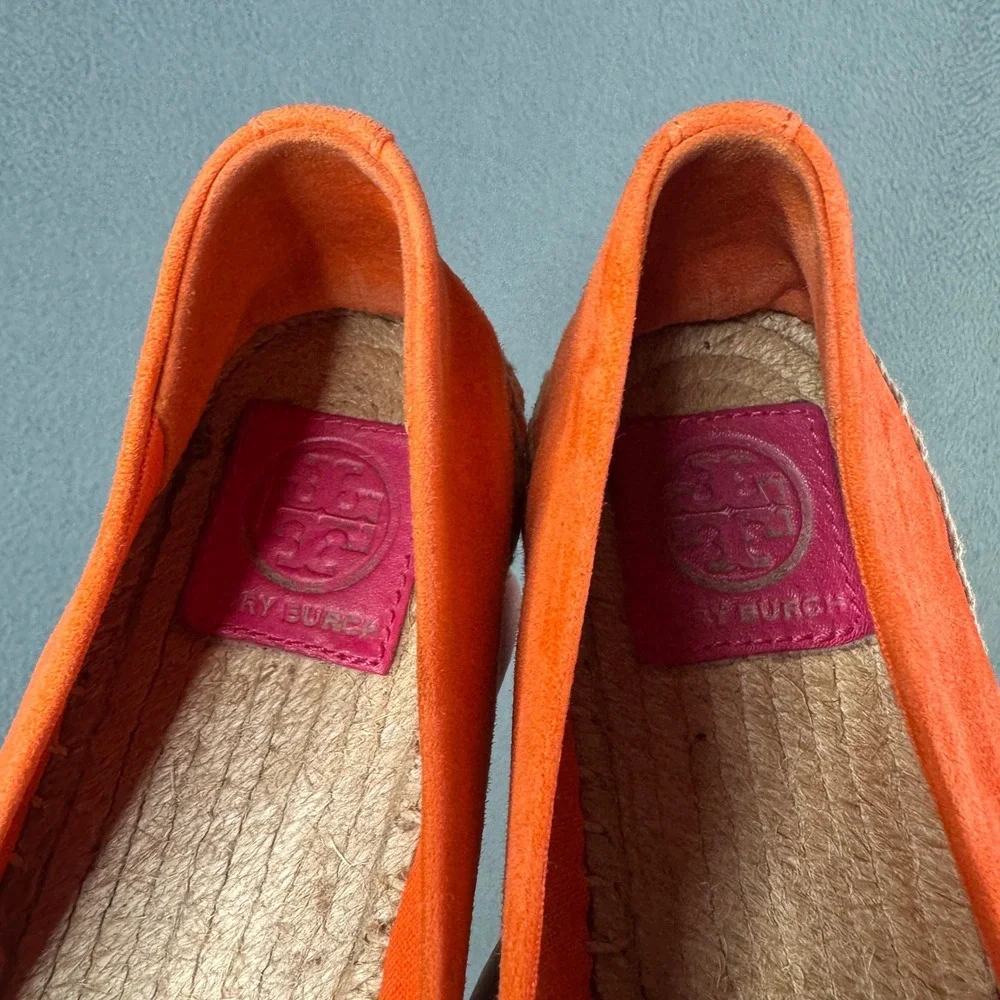 Tory Burch Colorblock Suede Leather Espadrilles Orange Pink Size 8.5 Flat Shoes